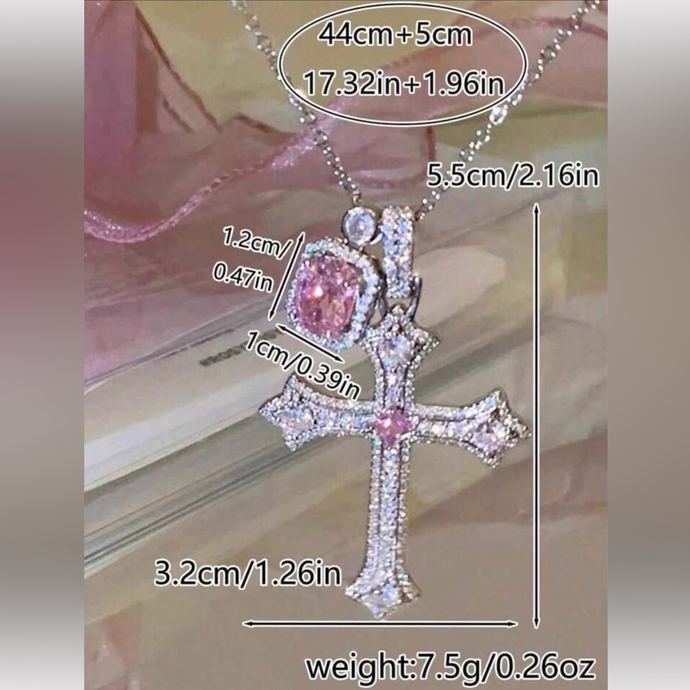 💖🤍💖 ELEGANT SILVER CROSS PENDANT NECKLACE WITH PINK CRYSTAL RHINESTONES❗️ - Picture 3 of 4